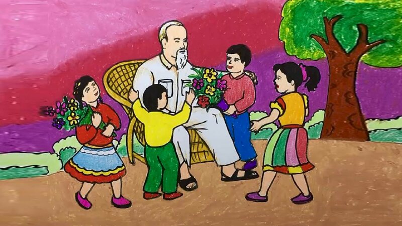 Tranh phong cảnh ai yêu Bác Hồ Chí Minh hơn thiếu niên nhi đồng
