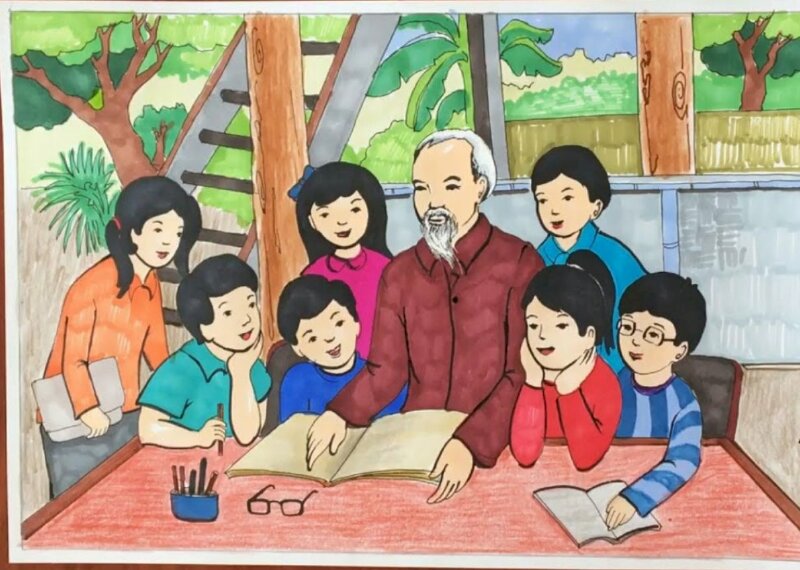 Tranh phong cảnh Bác Hồ đang dạy cho các bé học bài