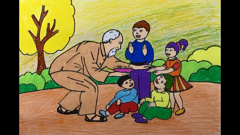 Tranh phong cảnh Bác Hồ đang phát kẹo cho các bé thiếu nhi 