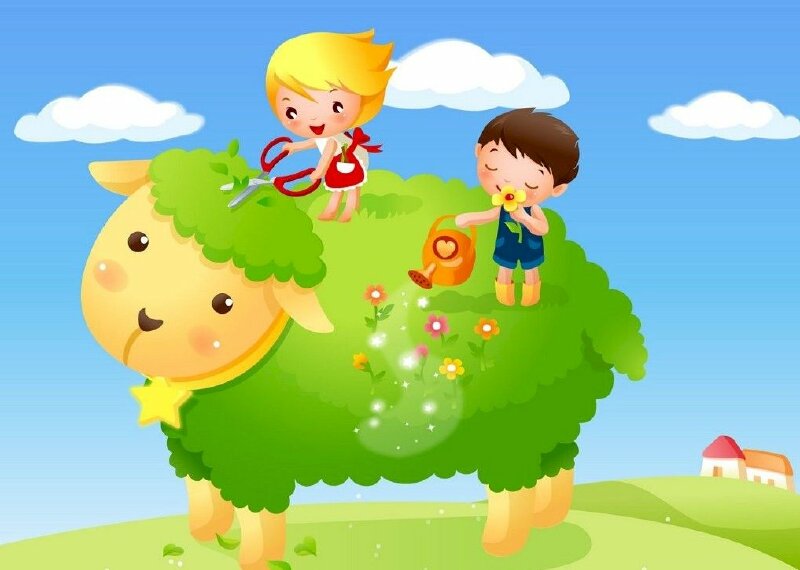 Tranh phong cảnh thiếu nhi đang vui đùa trên lưng chú cừu phủ cỏ xanh