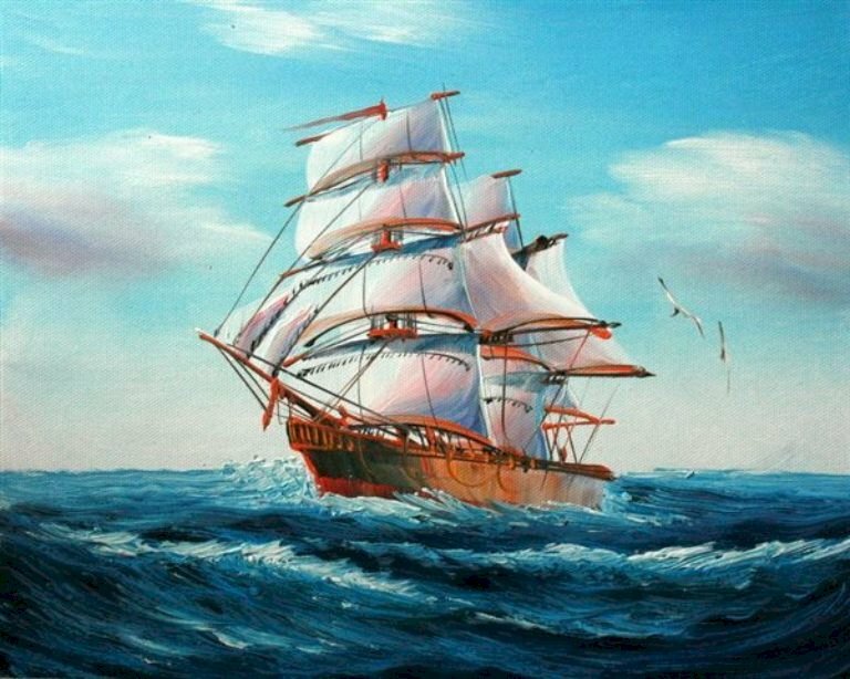 Tranh vẽ con tàu với những cánh buồm căng gió trên mặt biển bình yên làm tranh treo tường mang ý nghĩa phong thuỷ tốt đẹp cho người tuổi Dậu