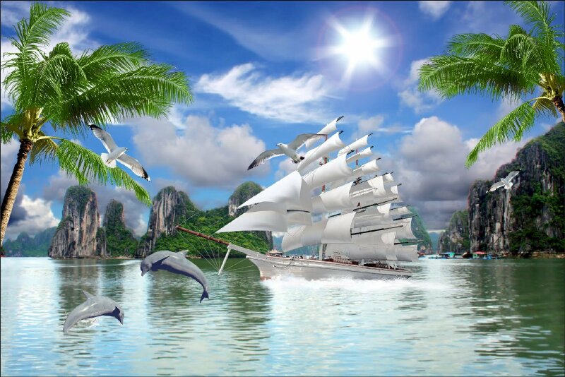 Tranh 3D dán tường đẹp phong cảnh thuận buồm xuôi gió dành cho người tuổi Dậu mệnh thuỷ