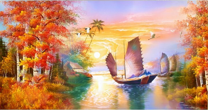 Tranh vẽ thuyền buồm xuôi gió đẹp hợp phong thuỷ người tuổi Dậu