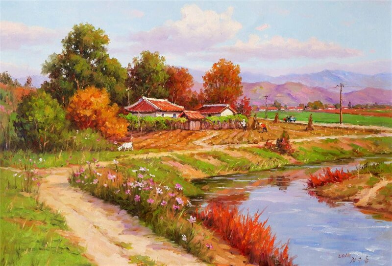 Tranh phong cảnh làng quê Hàn Quốc bằng chất liệu sơn dầu