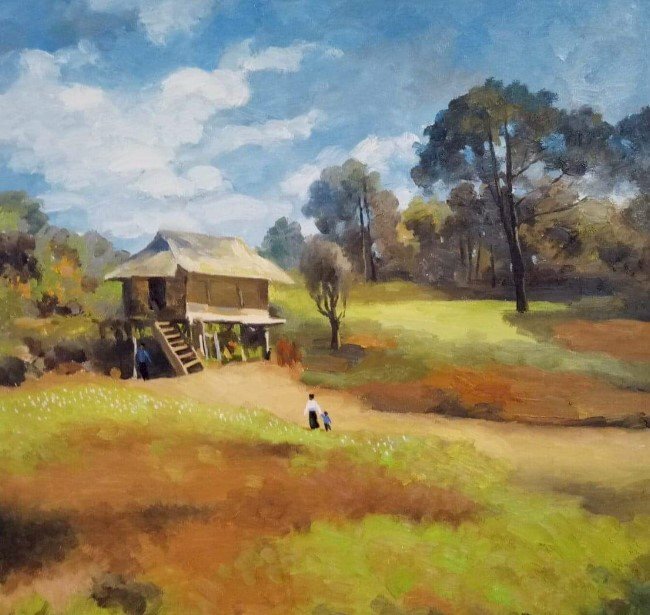 Tranh sơn dầu phong cảnh nhà sàn đẹp