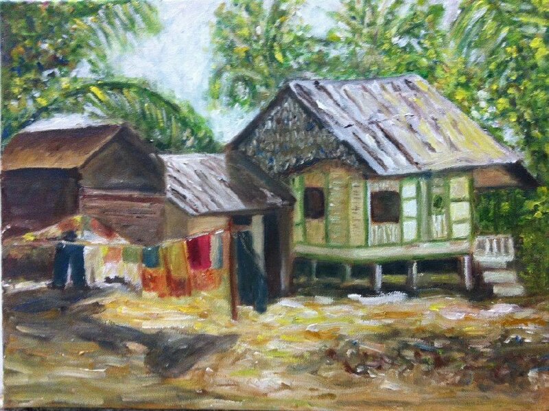 Tranh sơn dầu phong cảnh nhà sàn đơn giản, đẹp