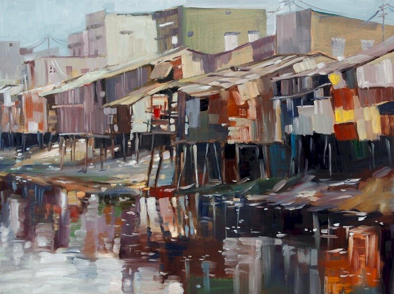 Tranh vẽ sơn dầu phong cảnh nhà sàn những vùng kênh rạch ven đô