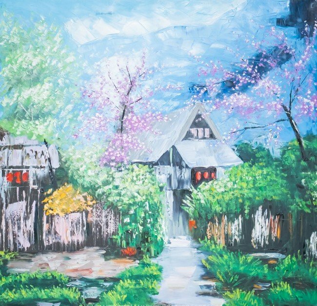 Tranh sơn dầu phong cảnh nhà sàn bản Thượng