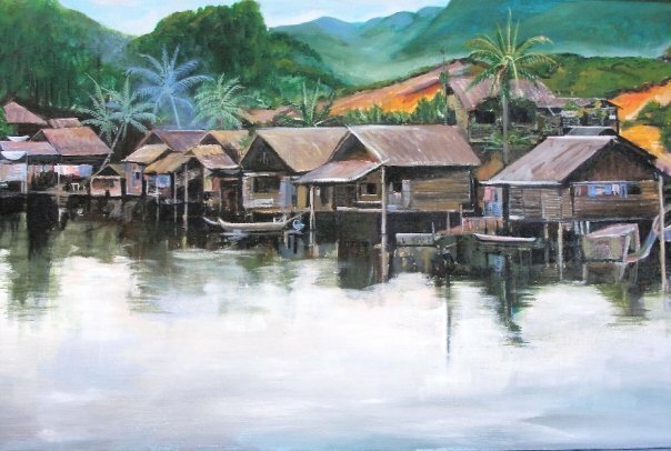 Tranh sơn dầu phong cảnh nhà sàn ven sông