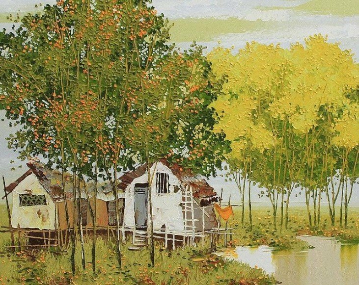 Tranh sơn dầu phong cảnh nhà sàn bên sông và hàng cây xanh