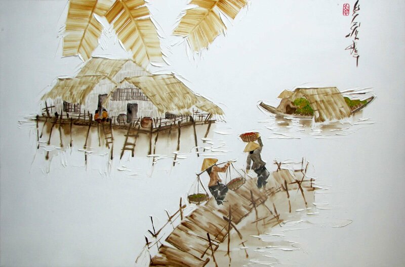 Tranh sơn dầu phong cảnh nhà sàn đẹp