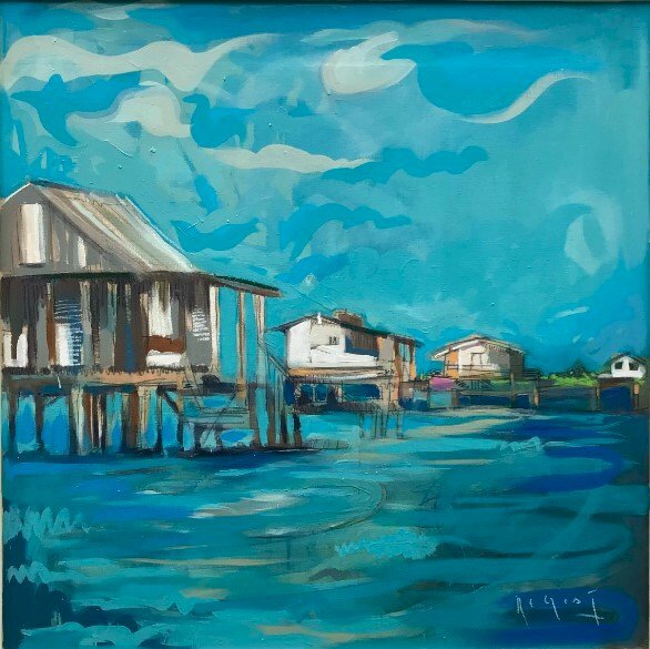 Tranh sơn dầu phong cảnh nhà sàn đẹp, nghệ thuật