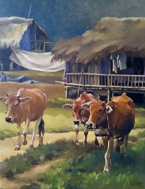 Tranh sơn dầu phong cảnh nhà sàn một sớm vùng cao