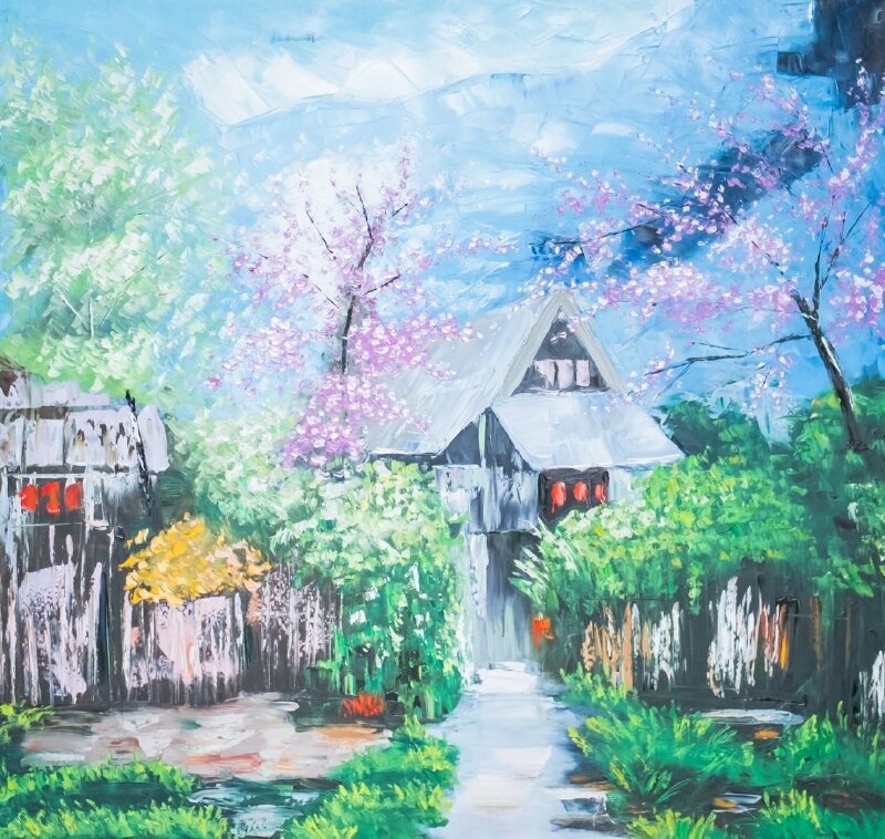 Tranh phong cảnh làng quê Tây Bắc đón Xuân