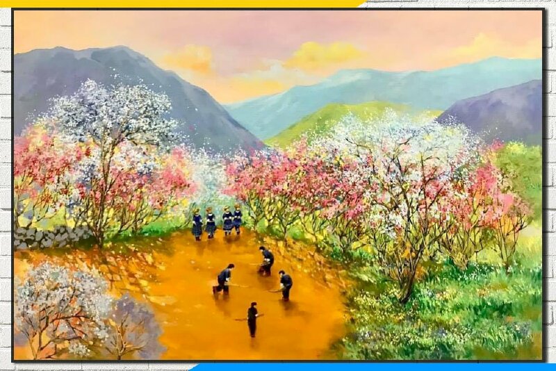 Tranh phong cảnh các nam thanh nữ tú ở Tây Bắc nô đùa ngày Xuân