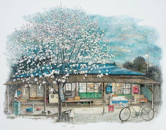 Tranh vẽ phong cảnh một ngôi nhà truyền thống Hàn Quốc