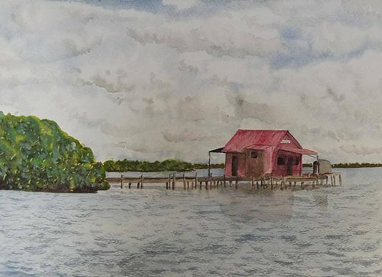 Tranh vẽ phong cảnh nhà sàn trên sông nước đơn giản đẹp