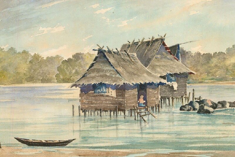 Tranh treo tường phong cảnh nhà sàn đơn giản