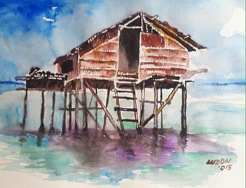 Tranh vẽ phong cảnh nhà sàn đơn giản