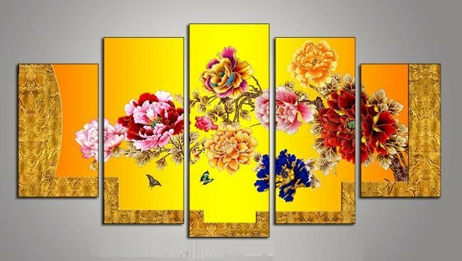 Bộ 5 tranh canvas hoa mẫu đơn 9 bông đem lại sự thịnh vượng cho gia chủ