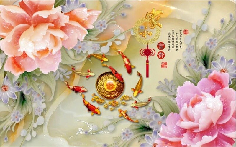Tranh dán tường hoa 3D hoa mẫu đơn và cá chép cao quý, vương giả