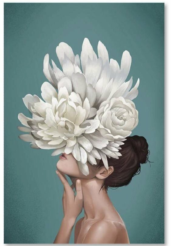 Tranh canvas cô gái và hoa mẫu đơn trắng