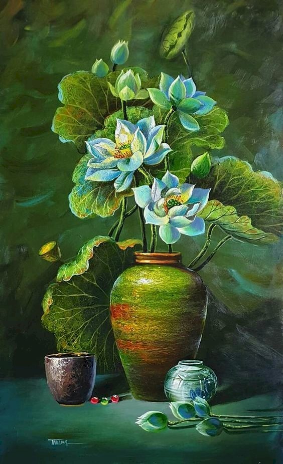 Tranh canvas bình hoa sen xanh biểu tượng cho một tình yêu trong sáng, ngọt ngào