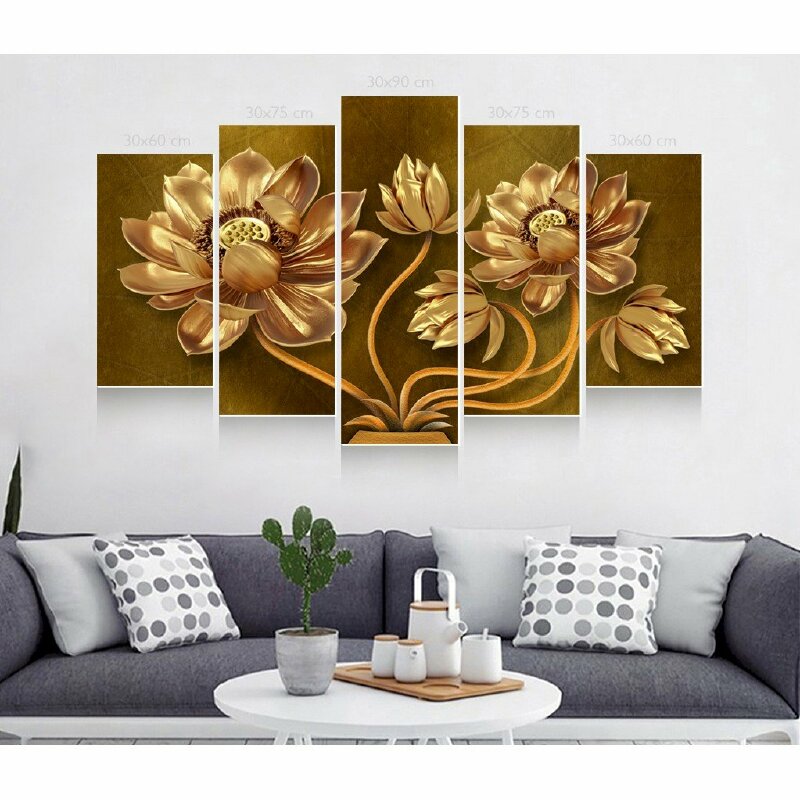 Bộ 5 tranh canvas hoa sen vàng kim sang trọng