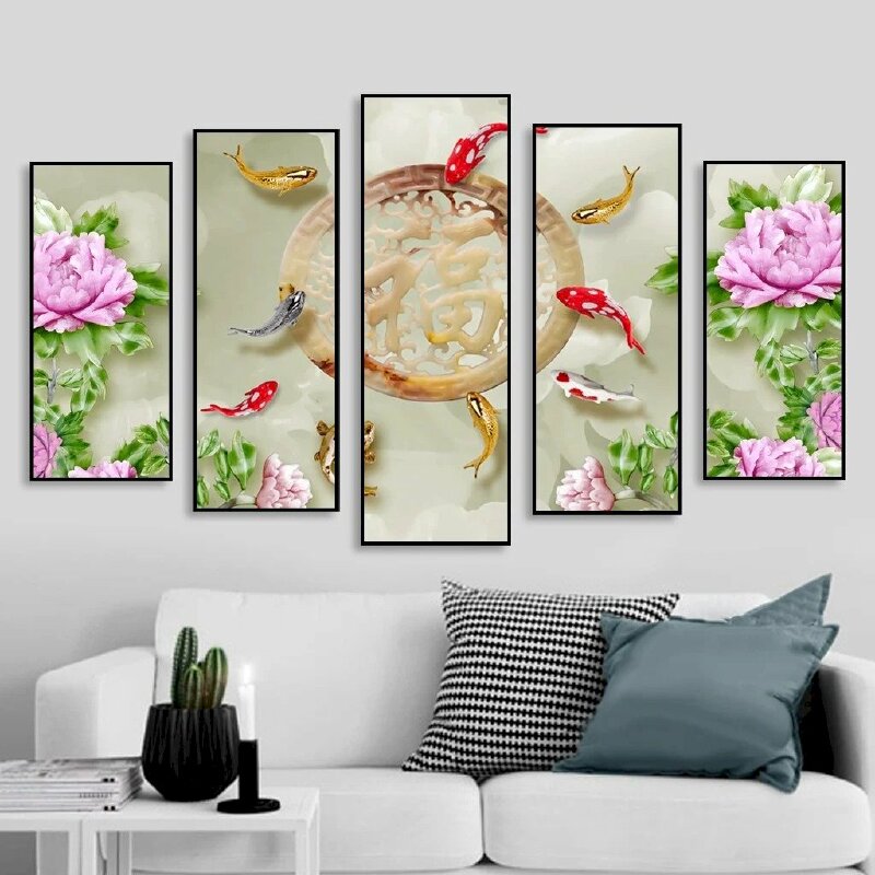 Bộ 5 tranh canvas hoa mẫu đơn và cá chép mang ý nghĩa sung túc