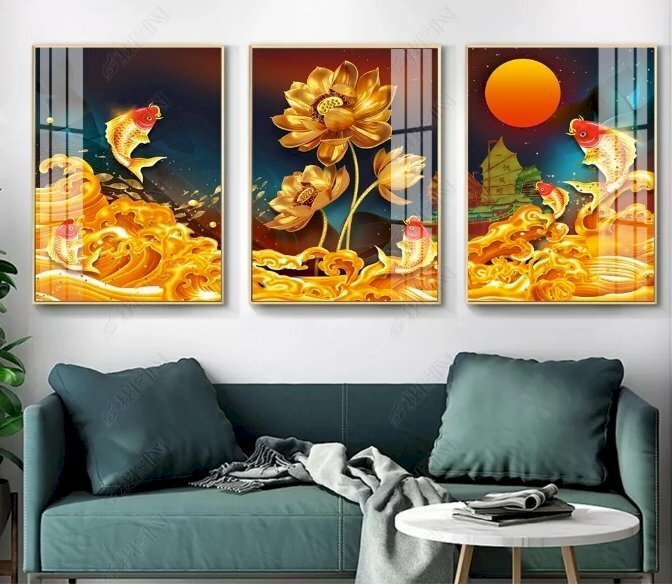 Bộ 3 tranh canvas hoa sen vàng với cá chép thu hút may mắn tài lộc