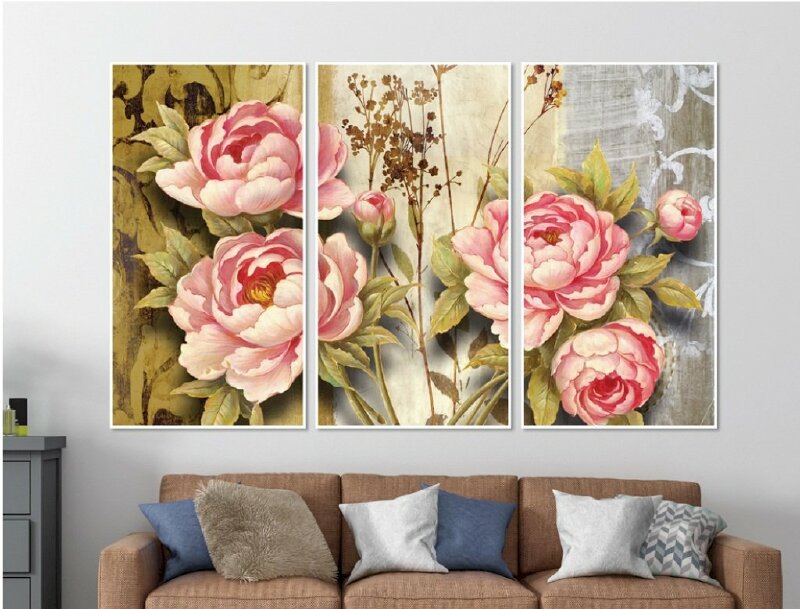 Bộ 3 tranh canvas hoa mẫu đơn hồng đẹp rực rỡ