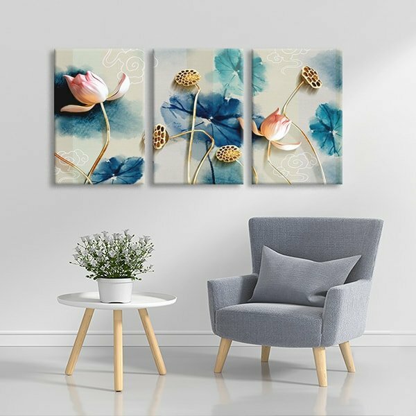 Bộ 3 tranh canvas hoa sen vàng giúp điều hòa vượng khí, thu hút các nguồn năng lượng tốt