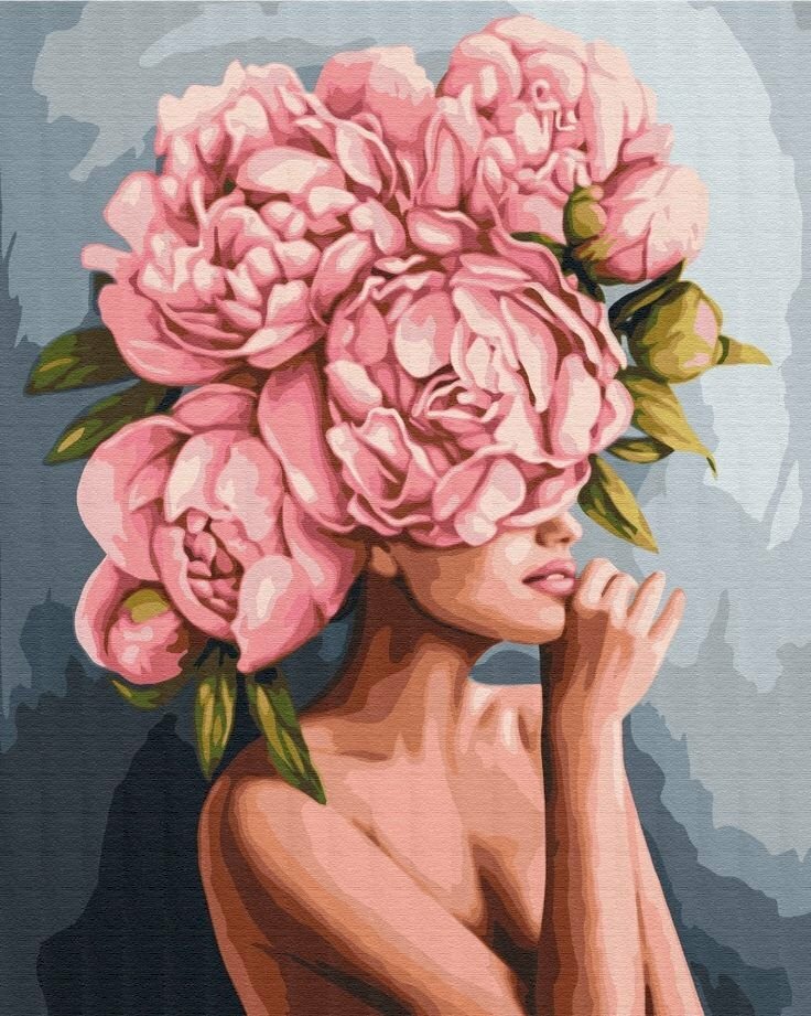 Tranh canvas hoa mẫu đơn và cô gái sang trọng sexy