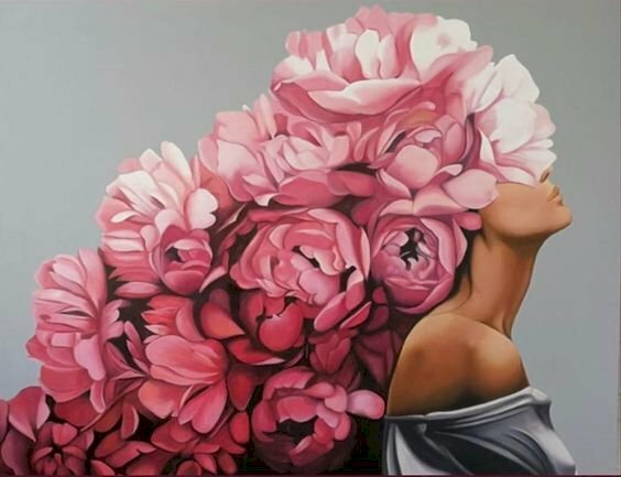 Tranh canvas hoa mẫu đơn và cô gái phong cách hiện đại