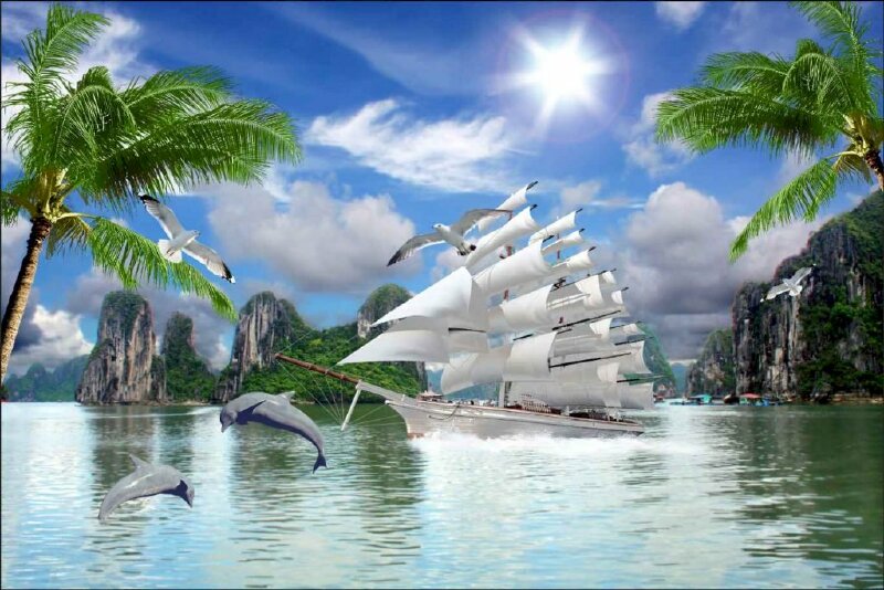 Tranh 3D dán tường thuận buồm xuôi gió cảnh biển đẹp và ánh nắng rực rỡ