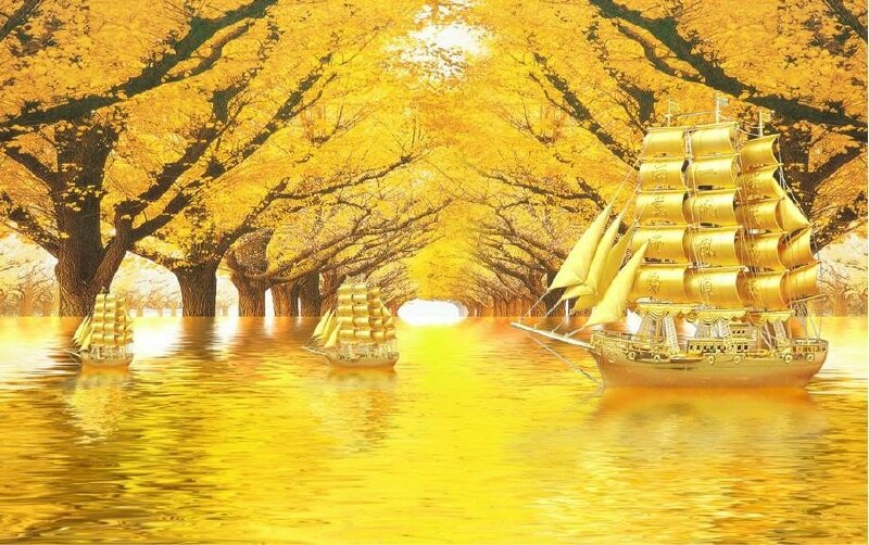 Tranh 3D dán tường trang trí phòng khách đẹp thuận buồm xuôi gió với gam vàng chủ đạo