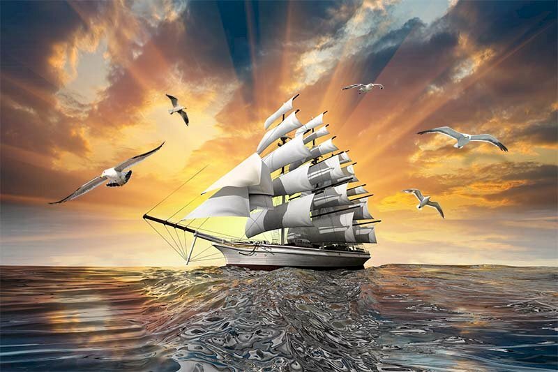 Tranh 3D dán tường thuận buồm xuôi gió đẹp hình ảnh thuyền buồm căng gió ra khơi