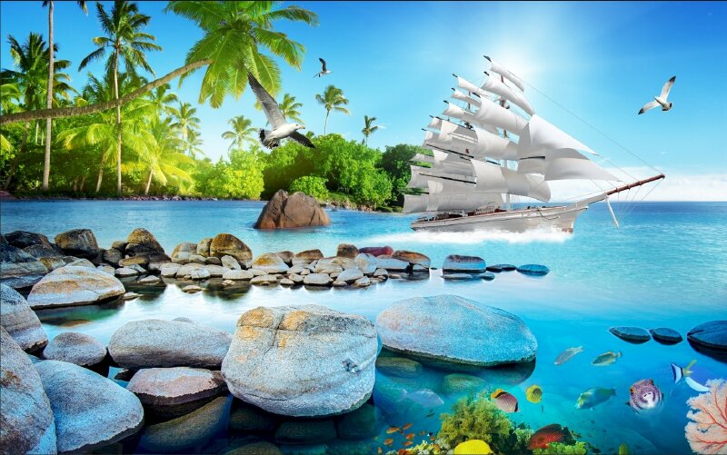 Tranh 3D dán tường thuận buồm xuôi gió đẹp