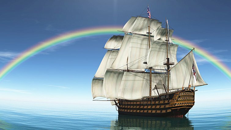 Tranh 3D thuận buồm xuôi gió thuyền luôn hướng về phía trước và cầu vồng rực rỡ làm tranh dán tường đơn giản, đẹp