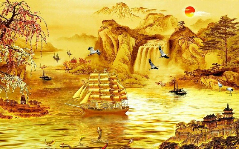 Tranh 3D dán tường thuận buồm xuôi gió phong thuỷ tài lộc, may mắn