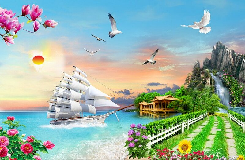 Tranh 3D dán tường thuận buồm xuôi gió phong thuỷ ý nghĩa bình an