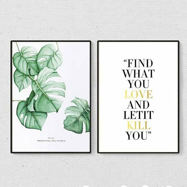 Bộ 2 tranh canvas chữ nghệ thuật và hình vẽ lá đơn giản đẹp