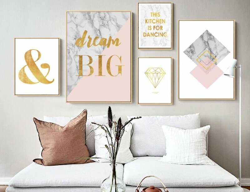 Mẫu bộ 5 tranh canvas chữ nghệ thuật và hình hoạ ấn tượng trang trí phòng khách đẹp