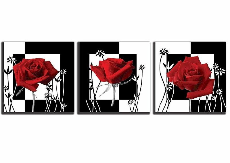 Bộ 3tranh canvas hoa hồng đỏ nền trắng đen nghệ thuật làm tranh treo tường tuyệt đẹp