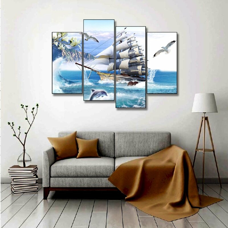 Mẫu bộ 4 tranh canvas thuận buồm xuôi gió chất liệu vải canvas kim tuyến, khung composite thích hợp trang trí không gian phòng khách