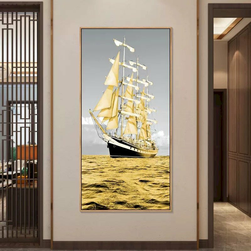 Mẫu tranh canvas thuận buồm xuôi gió khổ dọc đóng khung vàng sang trọng trang trí tường phòng khách, văn phòng