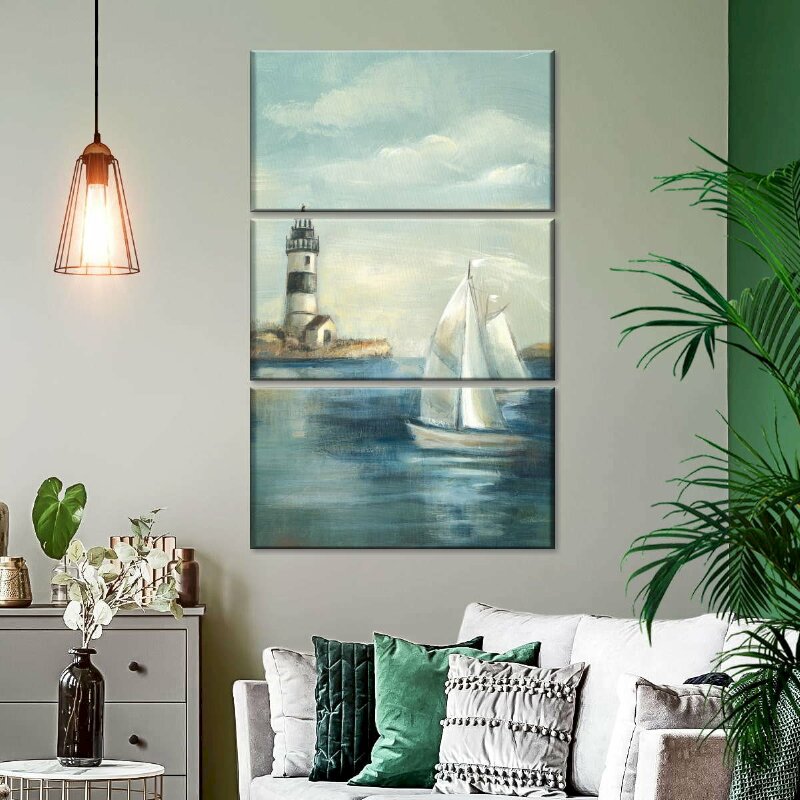 Mẫu bộ 3 tranh canvas thuyền buồm xuôi gió ghép dọc đẹp, độc đáo