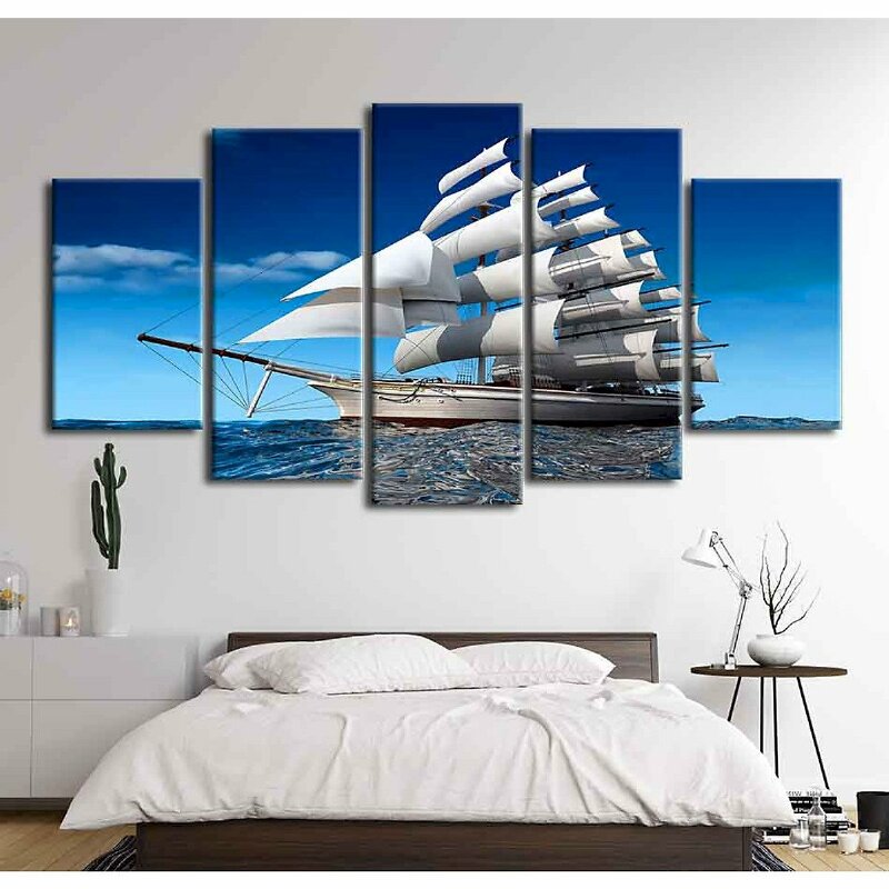 Mẫu bộ 5 tranh canvas thuận buồm xuôi gió phong thuỷ trang trí phòng khách, phòng ngủ hình ảnh thuyền buồm căng gió luôn hướng về phía trước