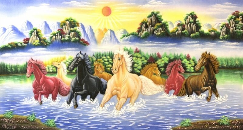 Tranh bát mã dưới ánh bình minh sơn thủy thanh bình