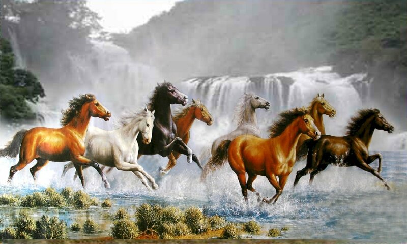 Tranh bát mã dang phi dưới suối